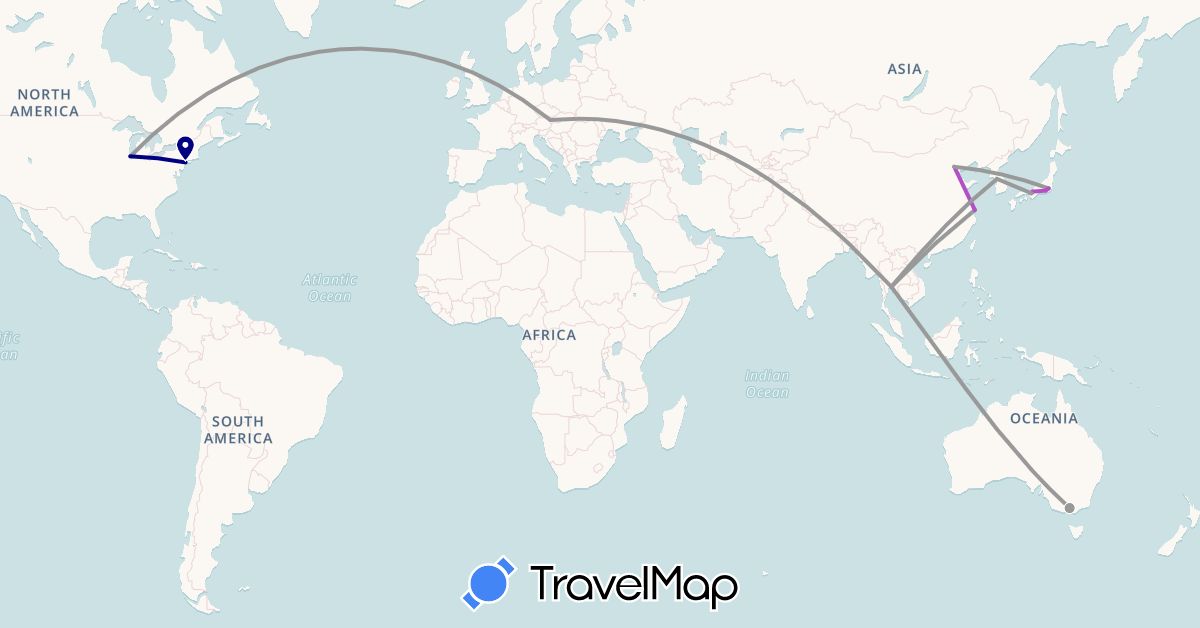TravelMap itinerary: driving, plane, train in Austria, Australia, China, Japan, South Korea, Thailand, United States (Asia, Europe, North America, Oceania)